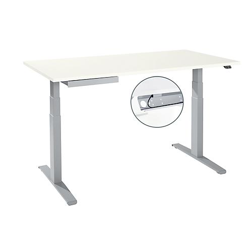 Schreibtisch, elektrisch höhenverstellbar, T-Fuß, B 1600 x T 800 x H 645-1290 mm, weiß/weißaluminium + Kabelkanal, Zubehörschublade