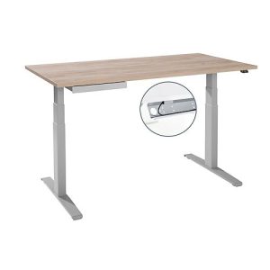 Schreibtisch, elektrisch höhenverstellbar, T-Fuß, B 1600 x T 800 x H 645-1290 mm, Wildeiche/weißaluminium + Kabelkanal, Zubehörschublade Schreibtisch, elektrisch höhenverstellbar, T-Fuß, B 1600 x T 800 x H 645-1290 mm, Wildeiche/weißaluminium + Kabelkanal, Zubehörschublade