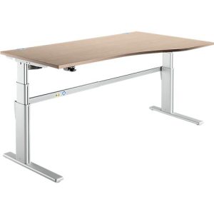 Schreibtisch Komfort, elektrisch höhenverstellbar, Freiform, Ansatz rechts, C-Fuß, B 1800 x T 1000/800 x H 655-1305 mm, Eiche/weißalu Schreibtisch Komfort, elektrisch höhenverstellbar, Freiform, Ansatz rechts, C-Fuß, B 1800 x T 1000/800 x H 655-1305 mm, Eiche/weißalu