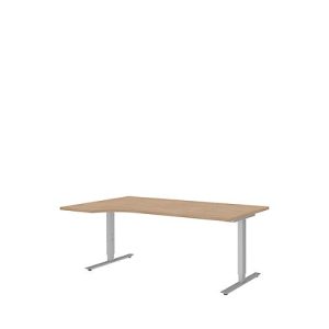 Schreibtisch mit Ansatz BARI, T-Fuß, Ansatz links, B 1800 x T 1000/800 x H 680-820 mm, Eiche/Alu
