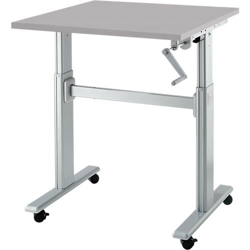 Schreibtisch Multitable, manuell höhenverstellbar, Quadrat, T-Fuß, B 800 x T 800 x H 708-1118 mm, lichtgrau/weißaluminium