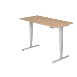 Schreibtisch ULM, elektrisch höhenverstellbar, Rechteck, T-Fuß, B 1600 x T 800 x H 625-1275 mm, Nussbaum/weißalu + Memoryschalter Schreibtisch ULM, elektrisch höhenverstellbar, Rechteck, T-Fuß, B 1600 x T 800 x H 625-1275 mm, Nussbaum/weißalu + Memoryschalter