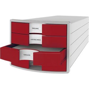 Schubladenbox HAN Impuls 2.0, 4 Schubladen, Format A4, stapelbar, geschlossen,grau/rot Schubladenbox HAN Impuls 2.0, 4 Schubladen, Format A4, stapelbar, geschlossen,grau/rot