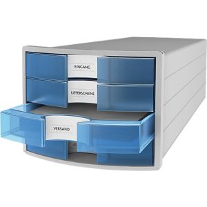 Schubladenbox HAN Impuls 2.0, 4 Schubladen, Format A4, stapelbar, geschlossen, grau/transparent-blau Schubladenbox HAN Impuls 2.0, 4 Schubladen, Format A4, stapelbar, geschlossen, grau/transparent-blau