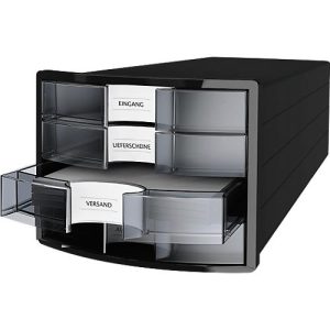Schubladenbox HAN Impuls 2.0, 4 Schubladen, Format A4, stapelbar, geschlossen, schwarz/transparent-klar Schubladenbox HAN Impuls 2.0, 4 Schubladen, Format A4, stapelbar, geschlossen, schwarz/transparent-klar