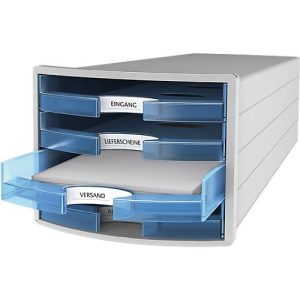Schubladenbox HAN Impuls 2.0, 4 Schubladen, Format A4, stapelbar, offen, grau/transparent-blau
