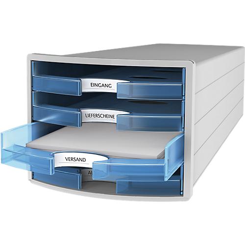 Schubladenbox HAN Impuls 2.0, 4 Schubladen, Format A4, stapelbar, offen, grau/transparent-blau
