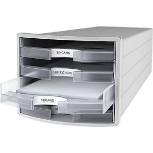 Schubladenbox HAN Impuls 2.0, 4 Schubladen, Format A4, stapelbar, offen, grau/transparent-klar