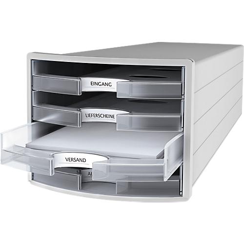 Schubladenbox HAN Impuls 2.0, 4 Schubladen, Format A4, stapelbar, offen, grau/transparent-klar
