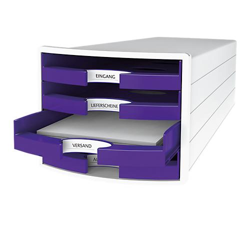 Schubladenbox HAN Impuls 2.0, 4 Schubladen, Format A4, stapelbar, offen, weiß/lila