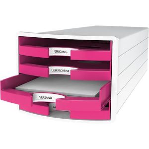 Schubladenbox HAN Impuls 2.0, 4 Schubladen, Format A4, stapelbar, offen, weiß/pink Schubladenbox HAN Impuls 2.0, 4 Schubladen, Format A4, stapelbar, offen, weiß/pink