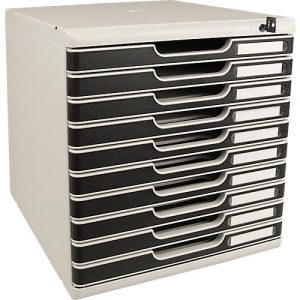 Schubladenbox MODULO, Format A4+, 10 abschließbare Schübe, geschlossen, Griffmulde & Etikettenhalter, 2 Schlüssel, Kunststoff, grau Schubladenbox MODULO, Format A4+, 10 abschließbare Schübe, geschlossen, Griffmulde & Etikettenhalter, 2 Schlüssel, Kunststoff, grau