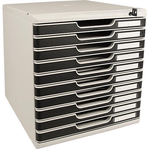 Schubladenbox MODULO, Format A4+, 10 abschließbare Schübe, geschlossen, Griffmulde & Etikettenhalter, 2 Schlüssel, Kunststoff, grau