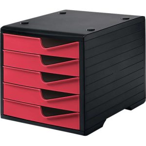 Schubladenbox styro® styroswing, 5 Schübe, Auszugsperre & Griffmulde, stapelbar, B 270 x T 340 x H 255 mm, Polystyrol, schwarz-cranberry Schubladenbox styro® styroswing, 5 Schübe, Auszugsperre & Griffmulde, stapelbar, B 270 x T 340 x H 255 mm, Polystyrol, schwarz-cranberry