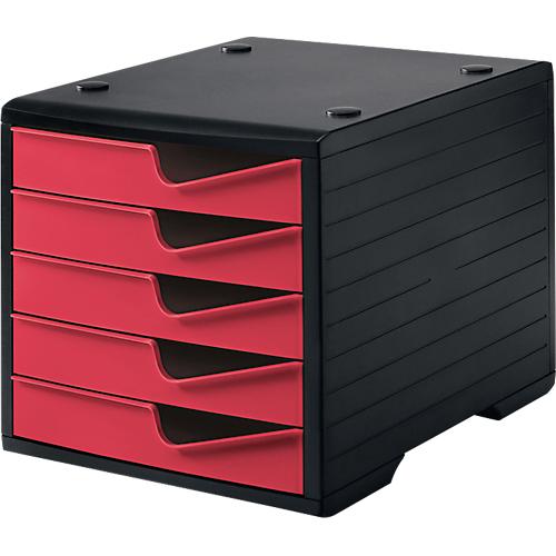 Schubladenbox styro® styroswing, 5 Schübe, Auszugsperre & Griffmulde, stapelbar, B 270 x T 340 x H 255 mm, Polystyrol, schwarz-cranberry