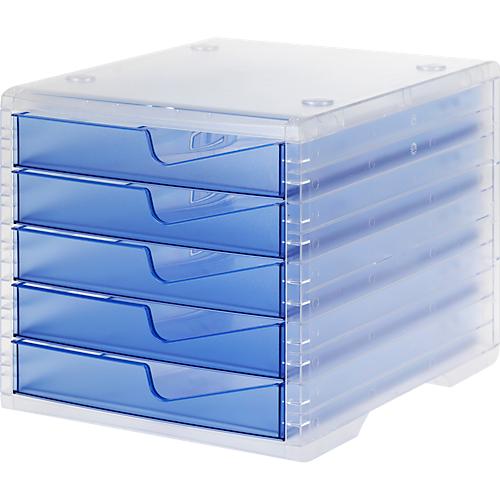 Schubladenbox styro® styroswing light, 5 Schübe, Auszugsperre & Griffmulde, stapelbar, B 270 x T 340 x H 255 mm, Polystyrol, transparent-hellblau