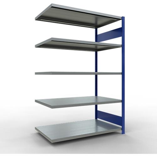 SCHULTE Lagertechnik Fachbodenregal - Stecksystem MULTIplus 250, Anbauregal, Längenriegel, 2000x1300x800 mm, 5 Böden, enzianblau/verzinkt