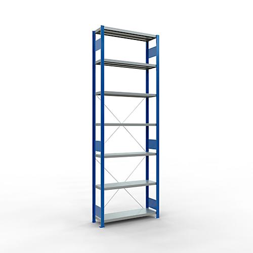 Schulte Lagertechnik Fachbodenregal Stecksystem MultiPlus250, Grundregal, 7 Fachböden, Kreuzstrebe, B 1000 x T 300 x H 3000 mm, Enzianblau RAL 5010