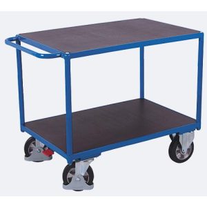 Schwerlast-Tischwagen, Stahl/Siebdruckplatte, Enzianblau/Dunkelbraun, 2 Etagen, L 995 x B 700 mm, Vollgummi-Rollen mit EasySTOP, bis 1000 kg Schwerlast-Tischwagen, Stahl/Siebdruckplatte, Enzianblau/Dunkelbraun, 2 Etagen, L 995 x B 700 mm, Vollgummi-Rollen mit EasySTOP, bis 1000 kg