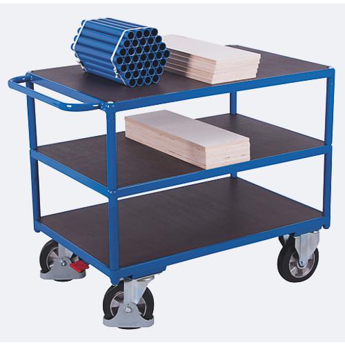Schwerlast-Tischwagen, Stahl/Siebdruckplatte, Enzianblau/Dunkelbraun, 3 Etagen, L 1595 x B 800 mm, Vollgummi-Rollen mit EasySTOP, bis 1000 kg