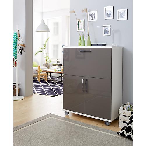 Sekretär, ideal für das Home Office, ausklappbare Schreibfläche, 2 Fächer hinter Flügeltüren, Lenkrollen, Holz, B 900 x T 450 x H 1200 mm, weiß/grau