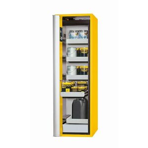 Sicherheitsschrank Typ 90 asecos S-PHOENIX-90, Falttür mit Türfeststellanlage, Anschlag links, Front Sicherheitsgelb, B 596 x T 749 x H 1968 mm Sicherheitsschrank Typ 90 asecos S-PHOENIX-90, Falttür mit Türfeststellanlage, Anschlag links, Front Sicherheitsgelb, B 596 x T 749 x H 1968 mm