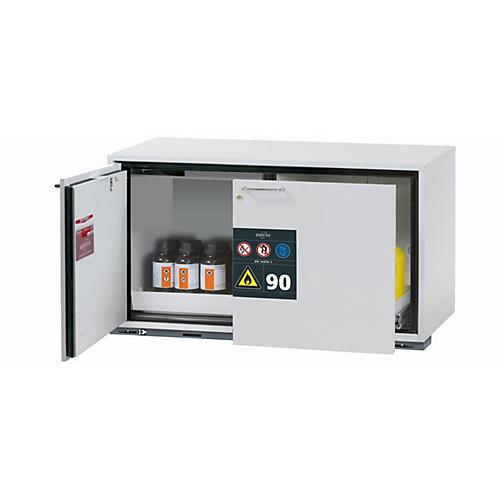 Sicherheitsunterbauschrank Typ 90 asecos UB-ST-90, 1 Schublade, 1 Flügeltür, Anschlag links, Front Lichtgrau, B 1102 x T 574 x H 600 mm