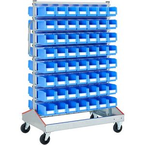 Sichtrollwagen f. Sichtlagerkästen, zweiseitig, B 1130 x T 710 x H 1705 mm, 112 x 3 l blau Sichtrollwagen f. Sichtlagerkästen, zweiseitig, B 1130 x T 710 x H 1705 mm, 112 x 3 l blau