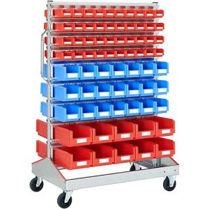 Sichtrollwagen f. Sichtlagerkästen, zweiseitig, B 1130 x T 710 x H 1705 mm, 80 x 0,7 l rot, 42 x 3 l blau, 20 x 7,5 l rot Sichtrollwagen f. Sichtlagerkästen, zweiseitig, B 1130 x T 710 x H 1705 mm, 80 x 0,7 l rot, 42 x 3 l blau, 20 x 7,5 l rot