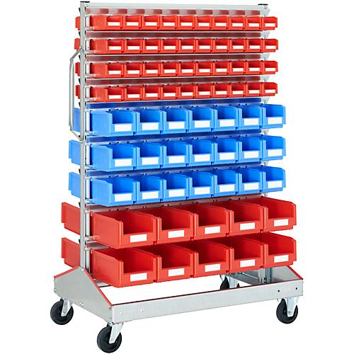 Sichtrollwagen f. Sichtlagerkästen, zweiseitig, B 1130 x T 710 x H 1705 mm, 80 x 0,7 l rot, 42 x 3 l blau, 20 x 7,5 l rot