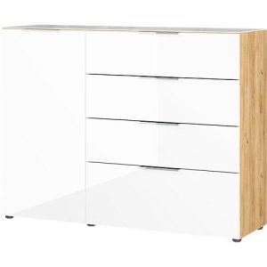 Sideboard, mit 4 Schubladen und 1 Tür, Glasfront- und auflage, B 1340 x T 420 x H 1020 mm, Navarra-Eiche/weiß