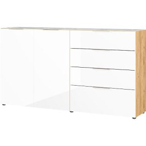 Sideboard, mit 4 Schubladen und 2 Türen, Glasfront- und auflage, B 1840 x T 420 x H 1020 mm, Navarra-Eiche/weiß Sideboard, mit 4 Schubladen und 2 Türen, Glasfront- und auflage, B 1840 x T 420 x H 1020 mm, Navarra-Eiche/weiß
