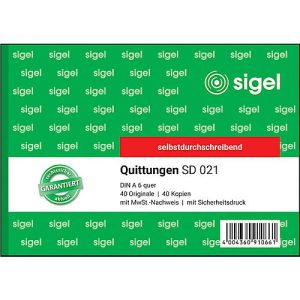 sigel® Quittungen mit MWSt.-Nachweis SD021, DIN A6 quer, 2 x 40 Blatt, selbstdurchschreibend sigel® Quittungen mit MWSt.-Nachweis SD021, DIN A6 quer, 2 x 40 Blatt, selbstdurchschreibend