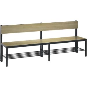 Sitzbank Basic Plus, 1-seitig, Rückenlehne, mit Schuhrost, 4-Fußgestell schwarzgrau RAL 7021, B 1960 mm, Dekor Eiche Ser. Sitzbank Basic Plus, 1-seitig, Rückenlehne, mit Schuhrost, 4-Fußgestell schwarzgrau RAL 7021, B 1960 mm, Dekor Eiche Ser.