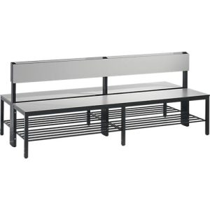 Sitzbank Basic Plus, 2-seitig, mit Rückenlehne & Schuhrost, 4-Fußgestell schwarzgrau RAL 7021, B 1960 mm, Dekor silbergrau Sitzbank Basic Plus, 2-seitig, mit Rückenlehne & Schuhrost, 4-Fußgestell schwarzgrau RAL 7021, B 1960 mm, Dekor silbergrau