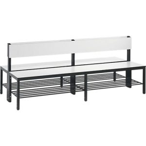 Sitzbank Basic Plus, 2-seitig, mit Rückenlehne & Schuhrost, 4-Fußgestell schwarzgrau RAL 7021, B 1960 mm, Dekor weiß Sitzbank Basic Plus, 2-seitig, mit Rückenlehne & Schuhrost, 4-Fußgestell schwarzgrau RAL 7021, B 1960 mm, Dekor weiß