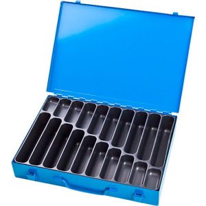 Sortimentskoffer ADB, leer, 20-fache Einteilung, abschließbar, mit Griff, B 330 x T 230 x H 50 mm, Stahl & ABS-Kunststoff, lichtblau RAL 5012 Sortimentskoffer ADB, leer, 20-fache Einteilung, abschließbar, mit Griff, B 330 x T 230 x H 50 mm, Stahl & ABS-Kunststoff, lichtblau RAL 5012