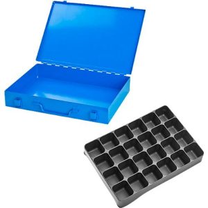 Sortimentskoffer ADB, leer, 24-fache Einteilung, abschließbar, mit Griff, B 330 x T 230 x H 50 mm, Stahl & ABS-Kunststoff, lichtblau RAL 5012 Sortimentskoffer ADB, leer, 24-fache Einteilung, abschließbar, mit Griff, B 330 x T 230 x H 50 mm, Stahl & ABS-Kunststoff, lichtblau RAL 5012
