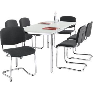 Sparset Freischwinger ISO Swing, stapelbar, Bezug schwarz, Sitzmaße B 430 x T 420 x H 470 mm, 6 Stück + Konferenztisch, lichtgrau, B 1600 x T 800 x H 720 mm Sparset Freischwinger ISO Swing, stapelbar, Bezug schwarz, Sitzmaße B 430 x T 420 x H 470 mm, 6 Stück + Konferenztisch, lichtgrau, B 1600 x T 800 x H 720 mm