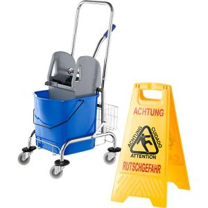 Sparset Reinigungswagen, 27 Liter + Gratis Aufsteller ‚Rutschgefahr‘, zweisprachig
