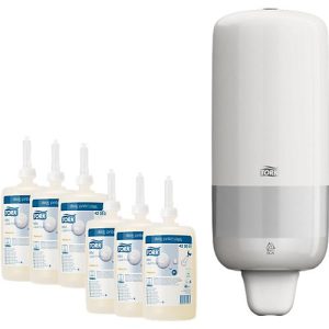 Sparset Seifenspender TORK® für Flüssigseife u. Desinfektionsgel, abschließbar, inkl. 6 l TORK® Premium Flüssigseife Sparset Seifenspender TORK® für Flüssigseife u. Desinfektionsgel, abschließbar, inkl. 6 l TORK® Premium Flüssigseife