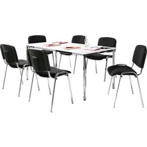 Sparset Stapelstuhl ISO Basic, Bezugsstoff schwarz, Sitzmaße B 475 x T 415 x H 470 mm, 6 Stück + Konferenztisch, weiß, B 1600 x T 800 mm Sparset Stapelstuhl ISO Basic, Bezugsstoff schwarz, Sitzmaße B 475 x T 415 x H 470 mm, 6 Stück + Konferenztisch, weiß, B 1600 x T 800 mm
