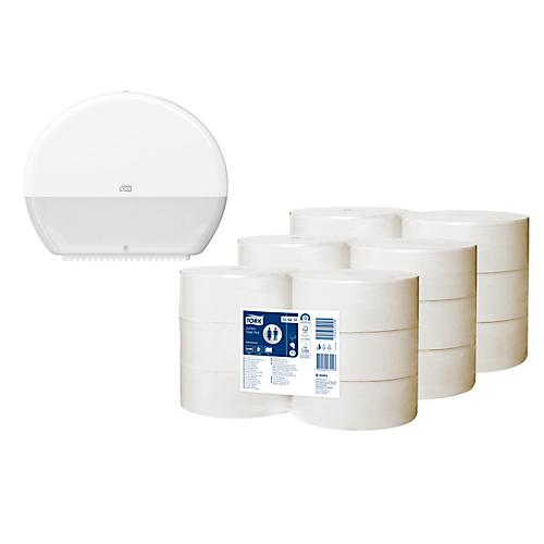 Sparset Tork® Jumbo Advanced Toilettenpapier 120272, 2-lagig, T1-kompatibel, 18 Rollen, weiß + Toilettenpapierspender Jumbo 554000, weiß