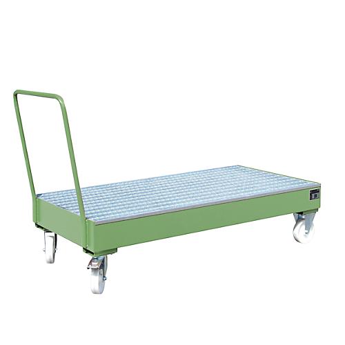 Stahl-Auffangwanne mit Rollen + Griff, 1800 x 800 mm, grün RAL 6011