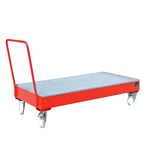 Stahl-Auffangwanne mit Rollen + Griff, 1800 x 800 mm, rot RAL 3000
