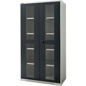 Stahlschrank FS, Stahlblech, mit Sichtfenster, Belüftungslöchern, B 1055 x T 520 x H 1950 mm, 5 OH, Lichtgrau/Anthrazitgrau, bis 500 kg Stahlschrank FS, Stahlblech, mit Sichtfenster, Belüftungslöchern, B 1055 x T 520 x H 1950 mm, 5 OH, Lichtgrau/Anthrazitgrau, bis 500 kg