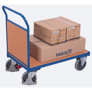 Stirnwandwagen, Stahl/MDF-Platte, Enzianblau/Buche-Dekor, L 1030 x B 700 mm, Stirnwand aus MDF-Platte, TPE-Rollen mit EasySTOP, bis 500 kg Stirnwandwagen, Stahl/MDF-Platte, Enzianblau/Buche-Dekor, L 1030 x B 700 mm, Stirnwand aus MDF-Platte, TPE-Rollen mit EasySTOP, bis 500 kg