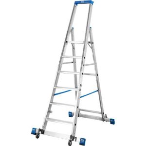 Stufenstehleiter, mit 6 Stufen, Aluminium, fahrbar mit Traverse Stufenstehleiter, mit 6 Stufen, Aluminium, fahrbar mit Traverse