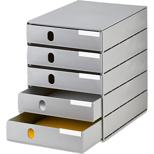 styro® Schubladenbox Styroval Pro, 5 Schubladen, geschlossen, B 243 x T 335 x H 323 mm, DIN C4, Polystyrol, stapelbar, öko-grau
