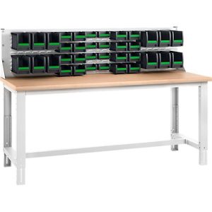 Systemwerkbank Bott cubio, mit Aufsatzrahmen und Schlitzplatte, Buche-Multiplexplatte, bis 800 kg, B 2000 x T 750 mm, Lichtgrau Systemwerkbank Bott cubio, mit Aufsatzrahmen und Schlitzplatte, Buche-Multiplexplatte, bis 800 kg, B 2000 x T 750 mm, Lichtgrau
